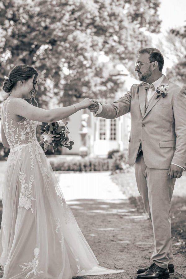 Off The Shoulder A Line Appliques Lace Tulle Long Wedding Dress