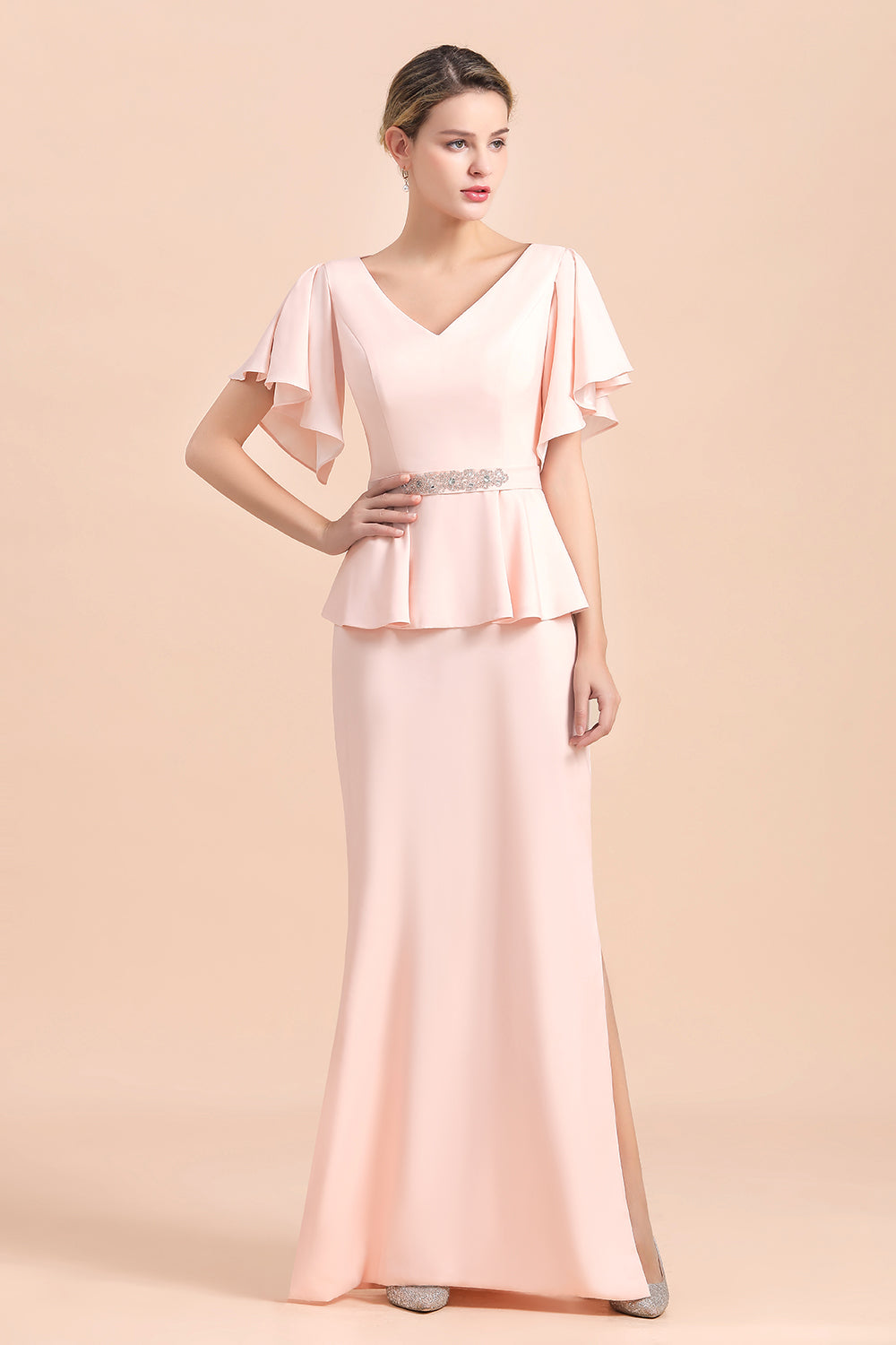 Glamorous V-Neck Beadings Satin Pink Mother of Bride Dresses
