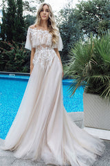 Long Tulle Appliques Off the Shoulder A-line Wedding Dress