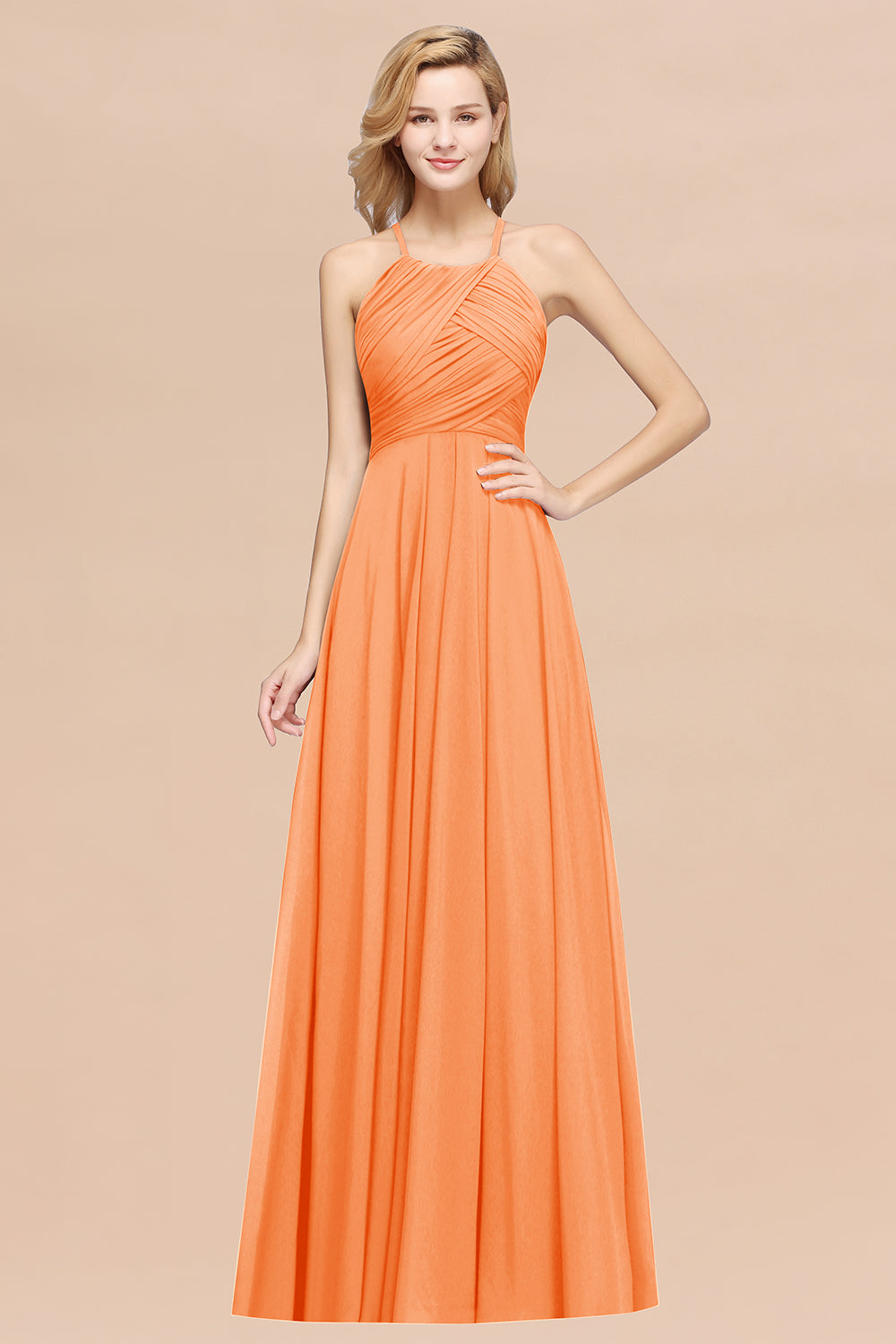 A-Line Chiffon Halter Ruffles Floor Length Bridesmaid Dress