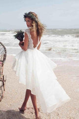 Boho High Low A-line Bateau Lace Beach Wedding Dress