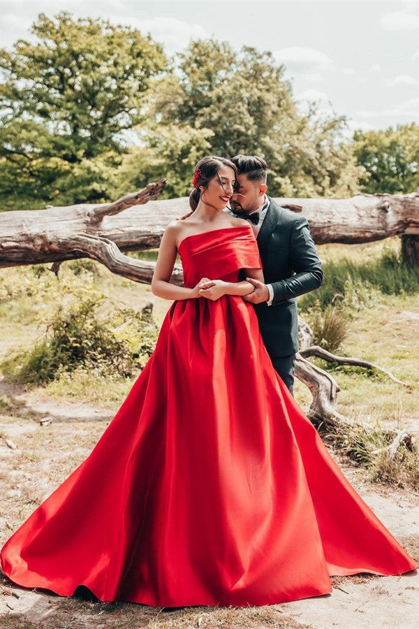 Beautiful Red Long A-line One Shoulder Satin Wedding Dresses