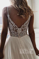 Simple Long A-line V-neck Spaghetti Strap Chiffon Beach Wedding Dress