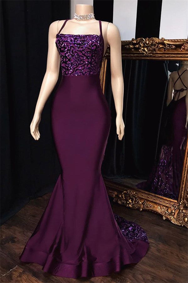 Chic Long Spaghetti Straps Appliques Lace Backless Mermaid Prom Dress