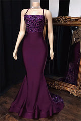 Chic Long Spaghetti Straps Appliques Lace Backless Mermaid Prom Dress