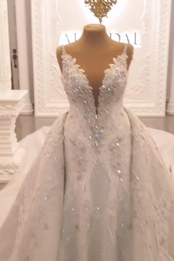 Classy Long Sweetheart Spaghetti Straps Mermaid Appliques Lace Backless Wedding Dress