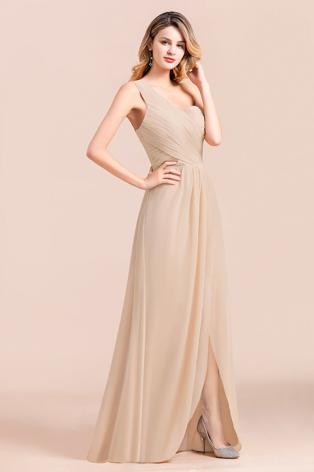 Simple One Shoulder Wedding Guest Dress A-Line Chiffon Bridesmaid Dress With Side Slit