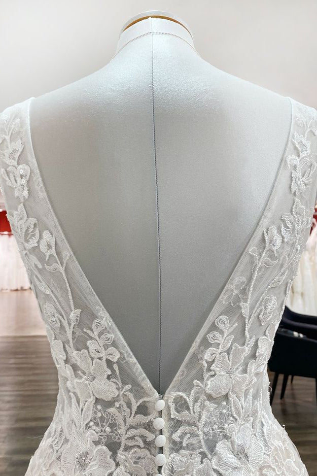 Modest Long A-line Deep V-neck Open Back Tulle Wedding Dress with Appliques Lace