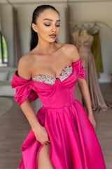 Long Off The Shoulder Sweetheart A-Line Beaded Prom Dress with Split Front