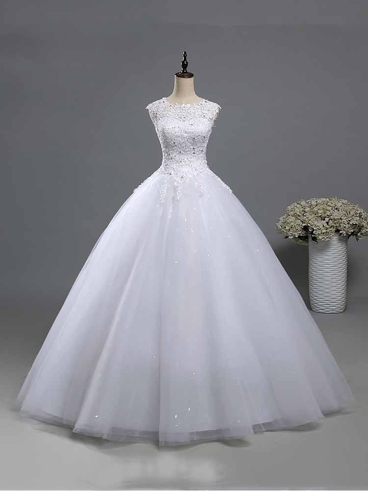 Elegant Long A-line Beads Lace-Up Ruffles Tulle Wedding Dresses