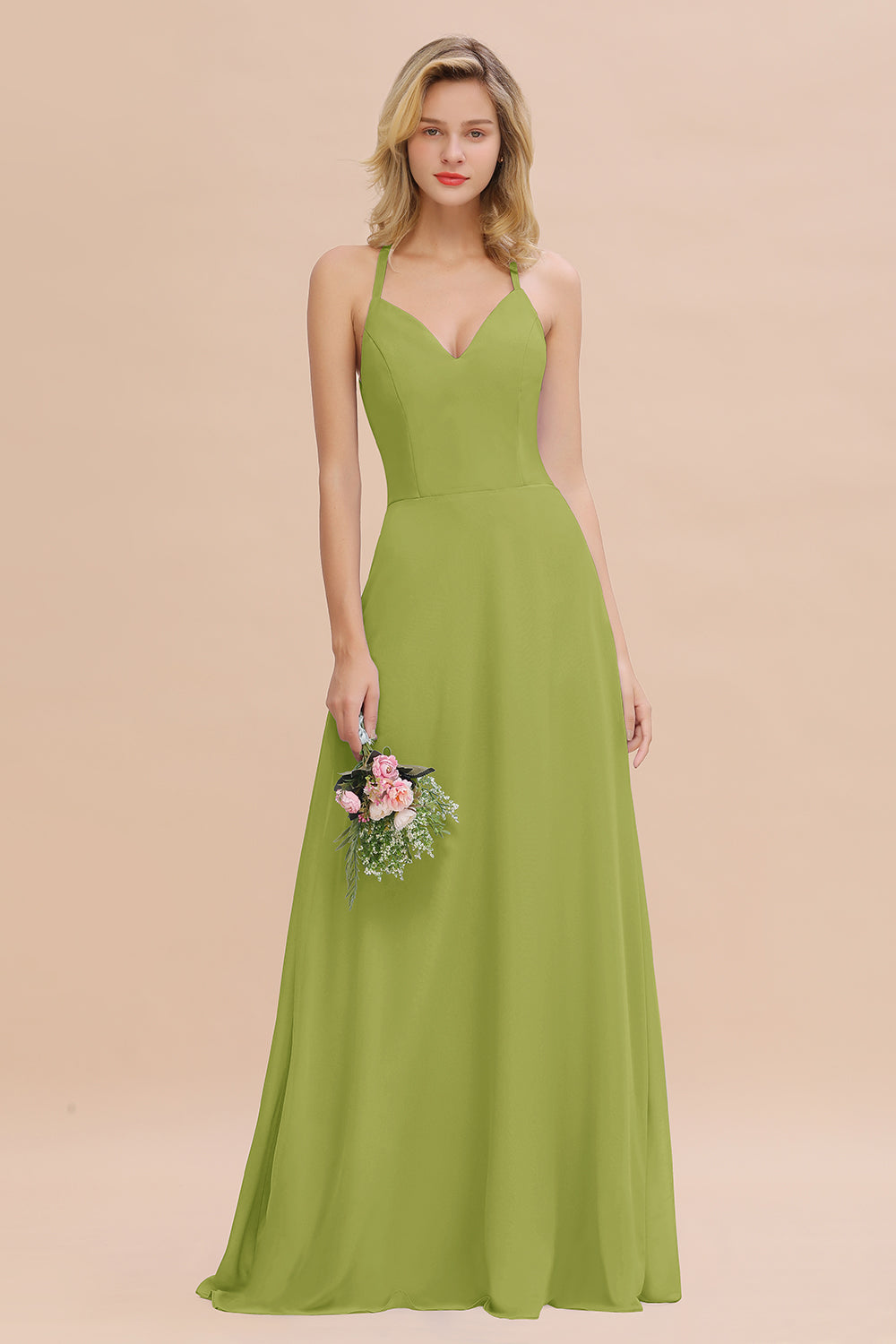 Stylish Chiffon Spaghetti Straps Sleeveless Long Bridesmaid Dress