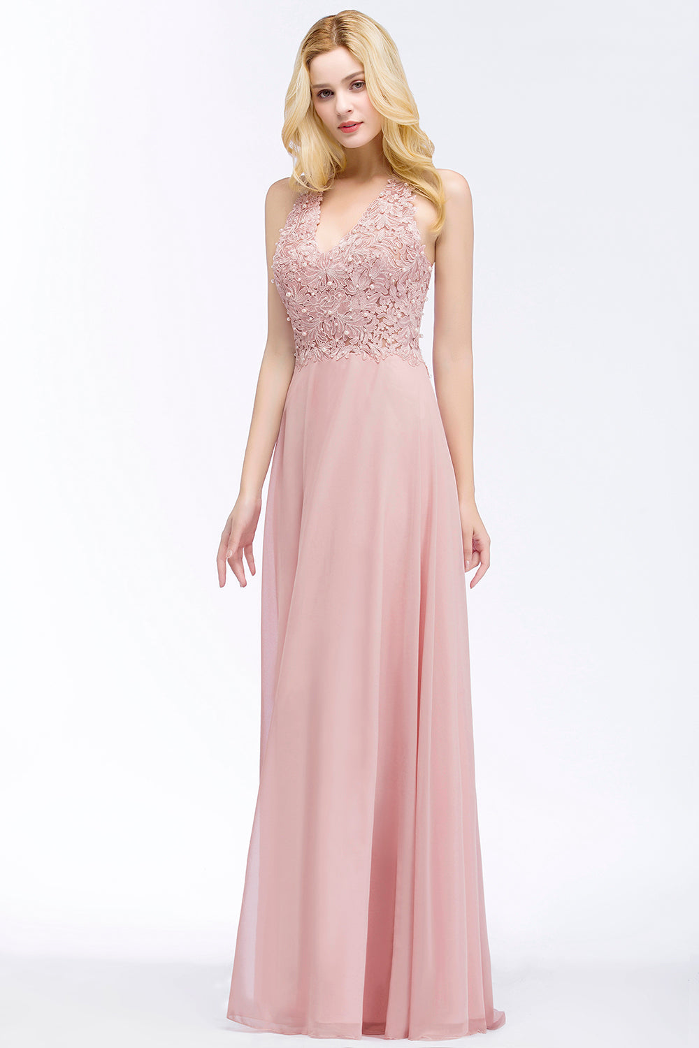 A-line V-neck Sleeveless Long Appliques Chiffon Bridesmaid Dresses