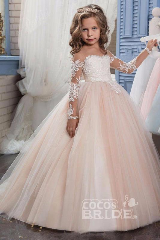 White Scoop Neck Long Sleeves Ball Gown Flower Girl Dress