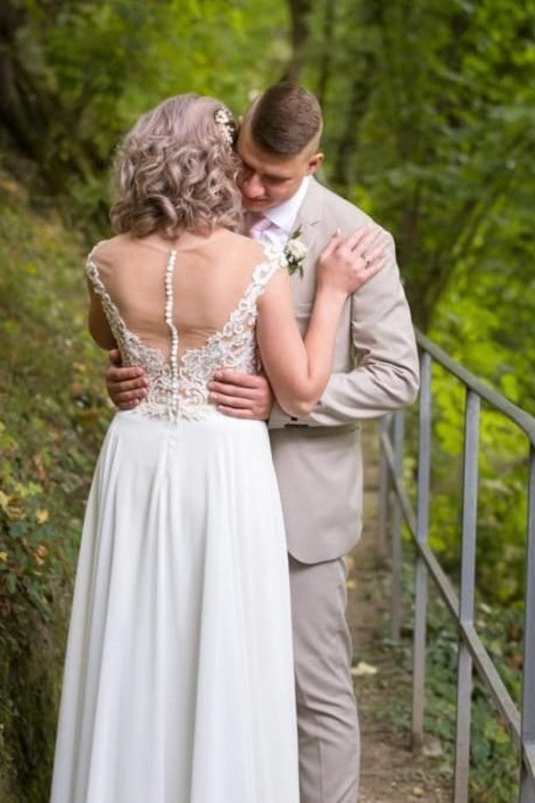 Simple Long A-line Chiffon Floor Length Wedding Dress with Appliques Lace