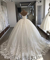 Long Off the Shoulder Lace Tulle Ball Gown Lace-up Wedding Dresses