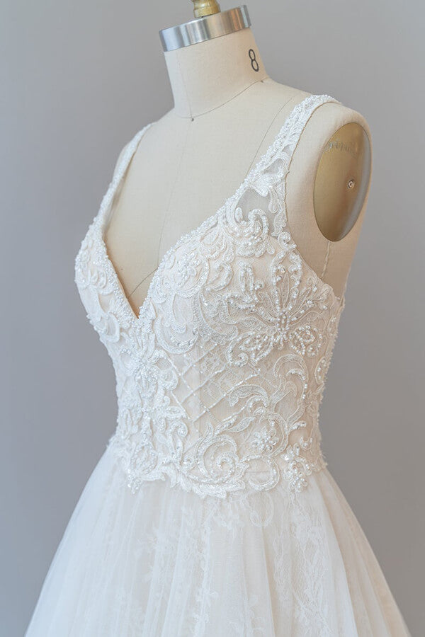 Long A-line V-neck Backless Appliques Tulle Chapel Train Wedding Dress