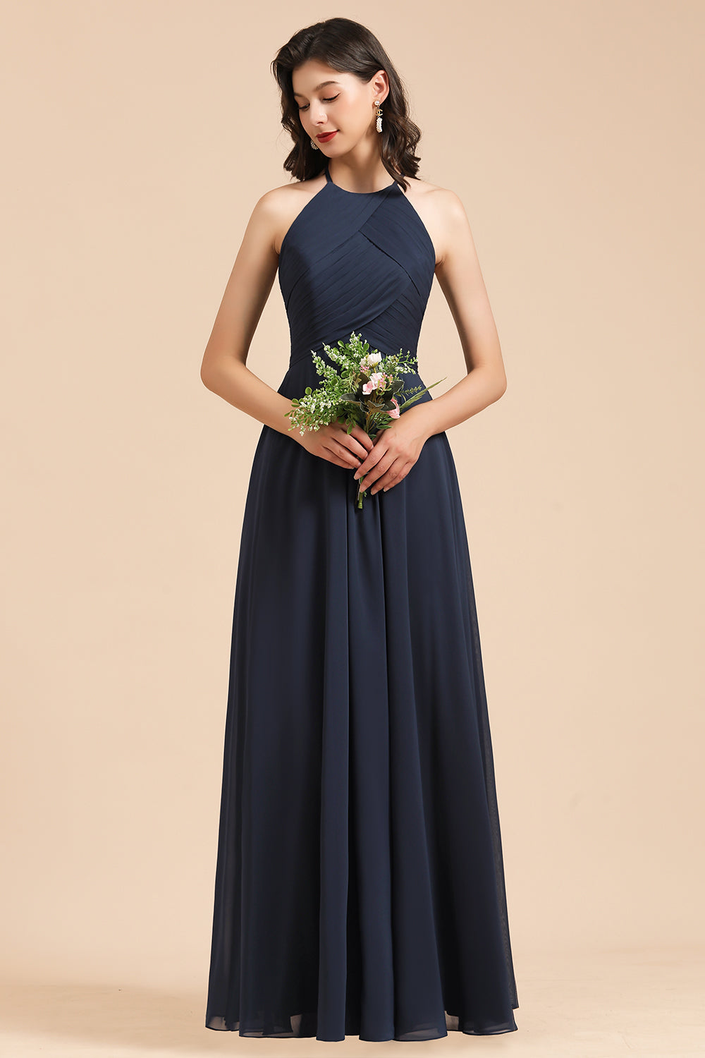 Long A-line Halter Chiffon Bridesmaid Dress Dark Navy Evening Maxi Dress