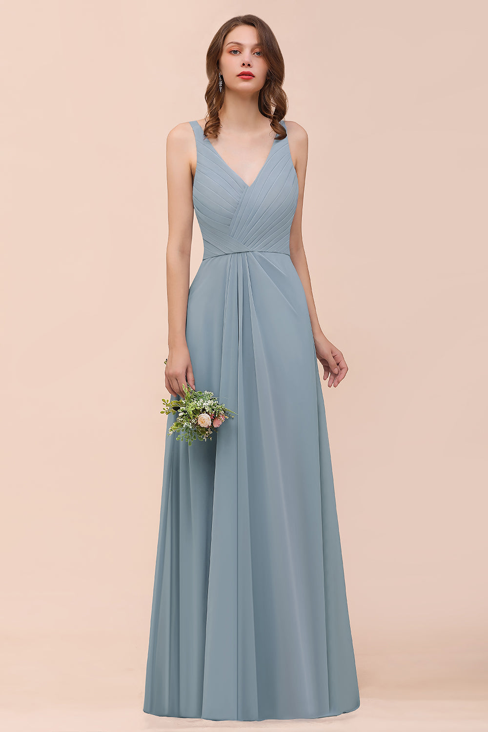 Chic V-Neck Sleeveless Floor Length A-Line Ruched Chiffon Bridesmaid Dress