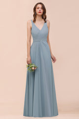 Chic V-Neck Sleeveless Floor Length A-Line Ruched Chiffon Bridesmaid Dress