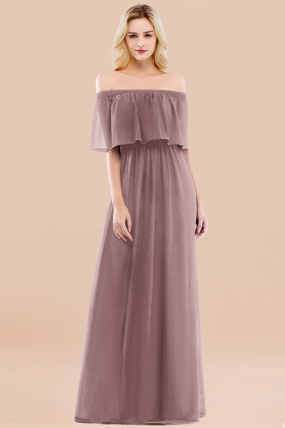 A-line Chiffon Off the Shoulder Short Sleeves Ruffles Floor Length Bridesmaid Dress