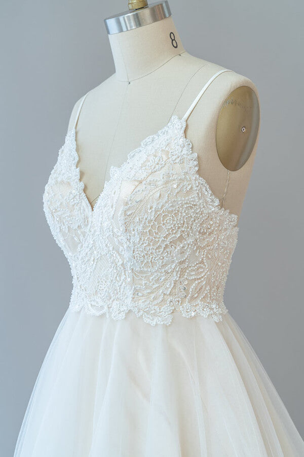 Long Sweetheart Spaghetti Strap Lace Tulle A-line Wedding Dress