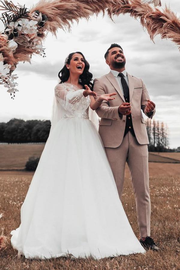 Modest Boho Long A-line One Shoulder Tulle Wedding Dress with Sleeves