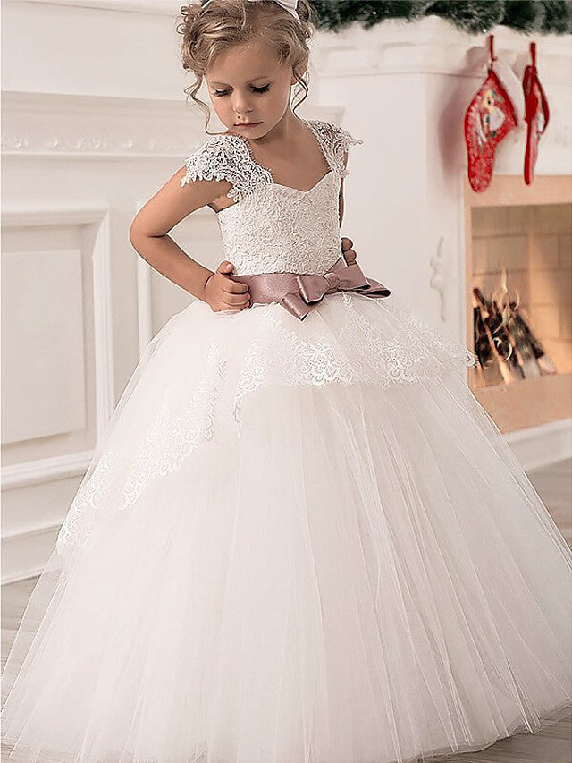 Ivory Long Ball Gown Floor Length Lace Tulle Flower Girl Dresses