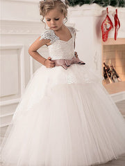 Ivory Long Ball Gown Floor Length Lace Tulle Flower Girl Dresses