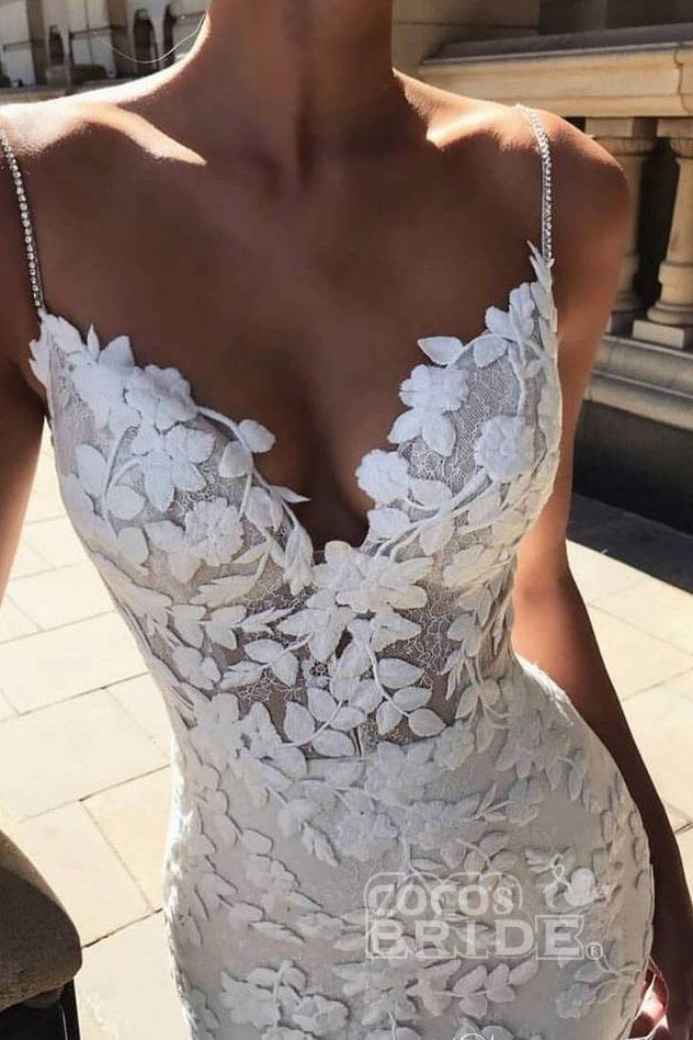 Long Spaghetti Strap Mermaid Lace Appliques Open Back Wedding Dress
