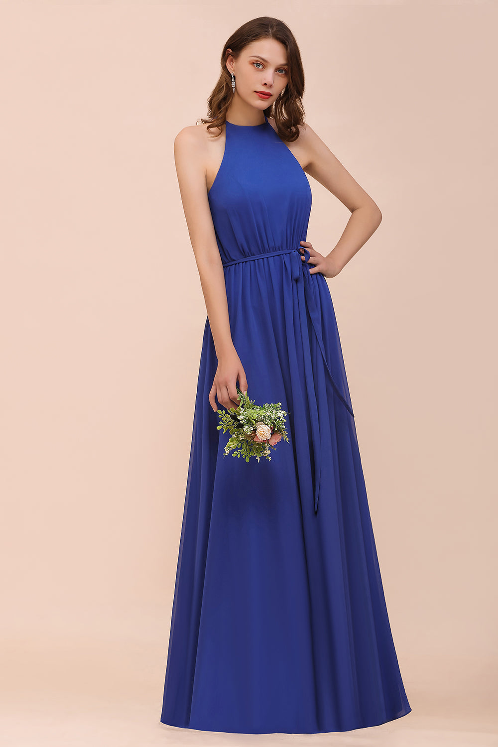 Royal Blue Halter Bridesmaid Dress A-Line Chiffon Floor Length Wedding Guest Dres