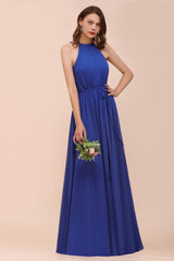 Royal Blue Halter Bridesmaid Dress A-Line Chiffon Floor Length Wedding Guest Dres
