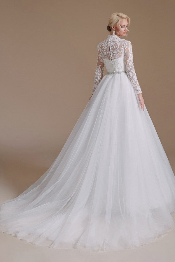 Modest A-line High Neck Long Sleeves Tulle Lace Wedding Dresses