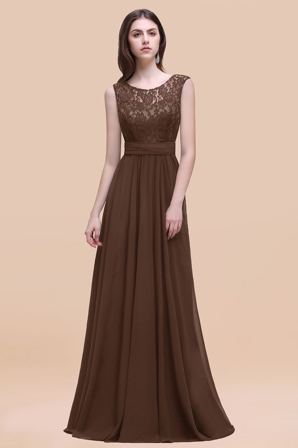 Elegant A-line Chiffon Lace Scoop Sleeveless Floor Length Bridesmaid Dress