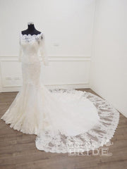 Modest Long Sleeves Sweep Train Lace Mermaid Wedding Dresses