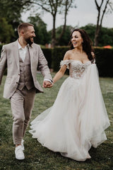 Gorgeous Long A-line Off the Shoulder Floral Lace Tulle Wedding Dresses