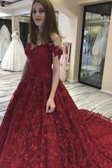 Burgundy Long A-line Off the Shoulder Lace Wedding Dresses