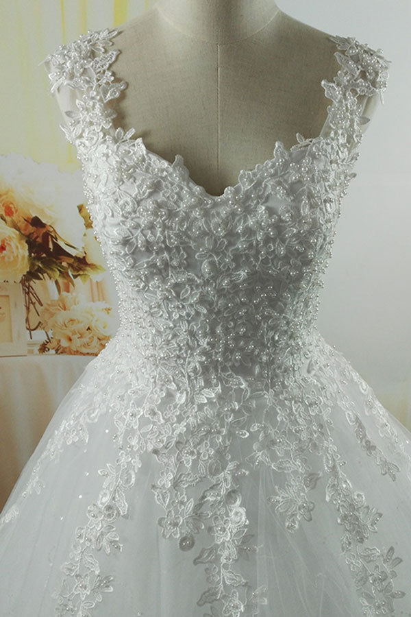 Long Lace-up Appliques Tulle A-line Wedding Dress
