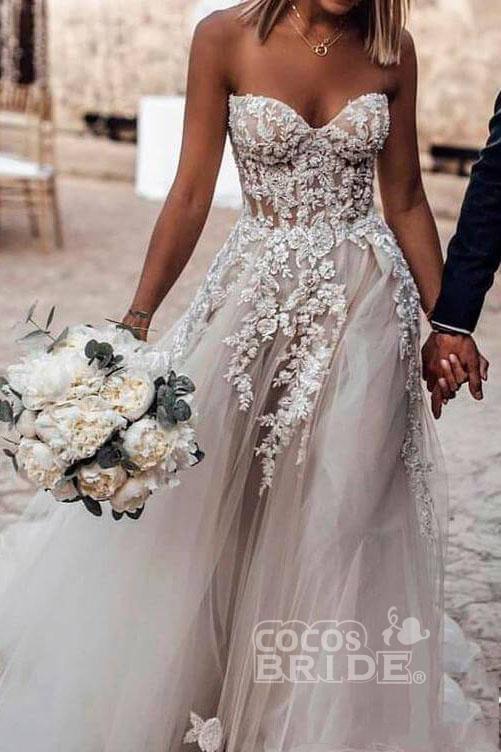 Boho Long A-line Sweetheart Tulle Appliques Lace Wedding Dress