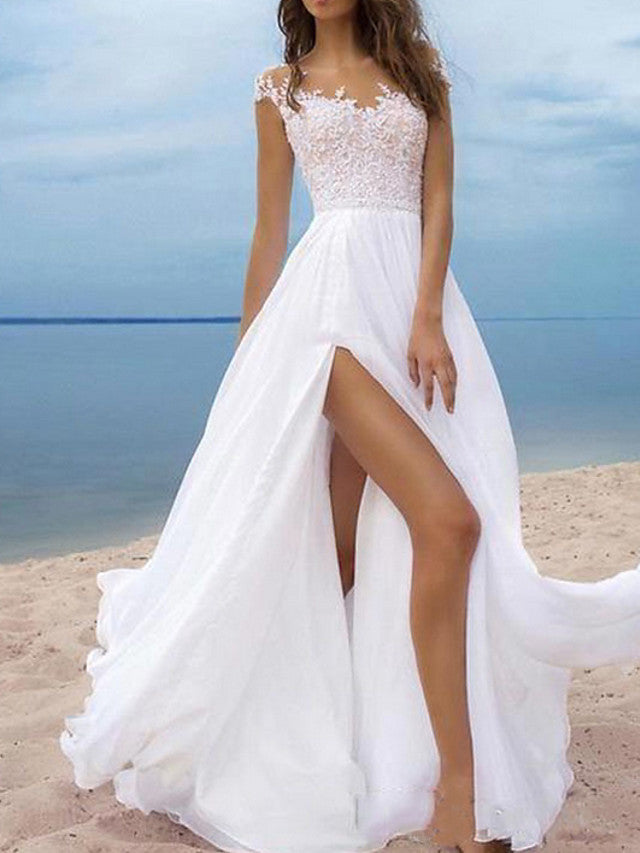 Long A-Line Sweetheart Lace Chiffon Wedding Dresses with Slit