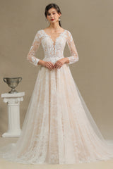 Long A-line V-neck Tulle Lace Wedding Dress with Sleeves