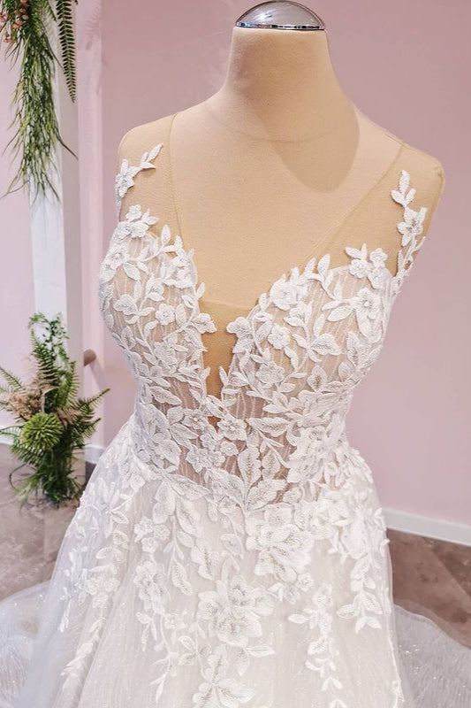 Long A-Line Appliques Lace Tulle Backless Sweetheart Floor Length Wedding Dress