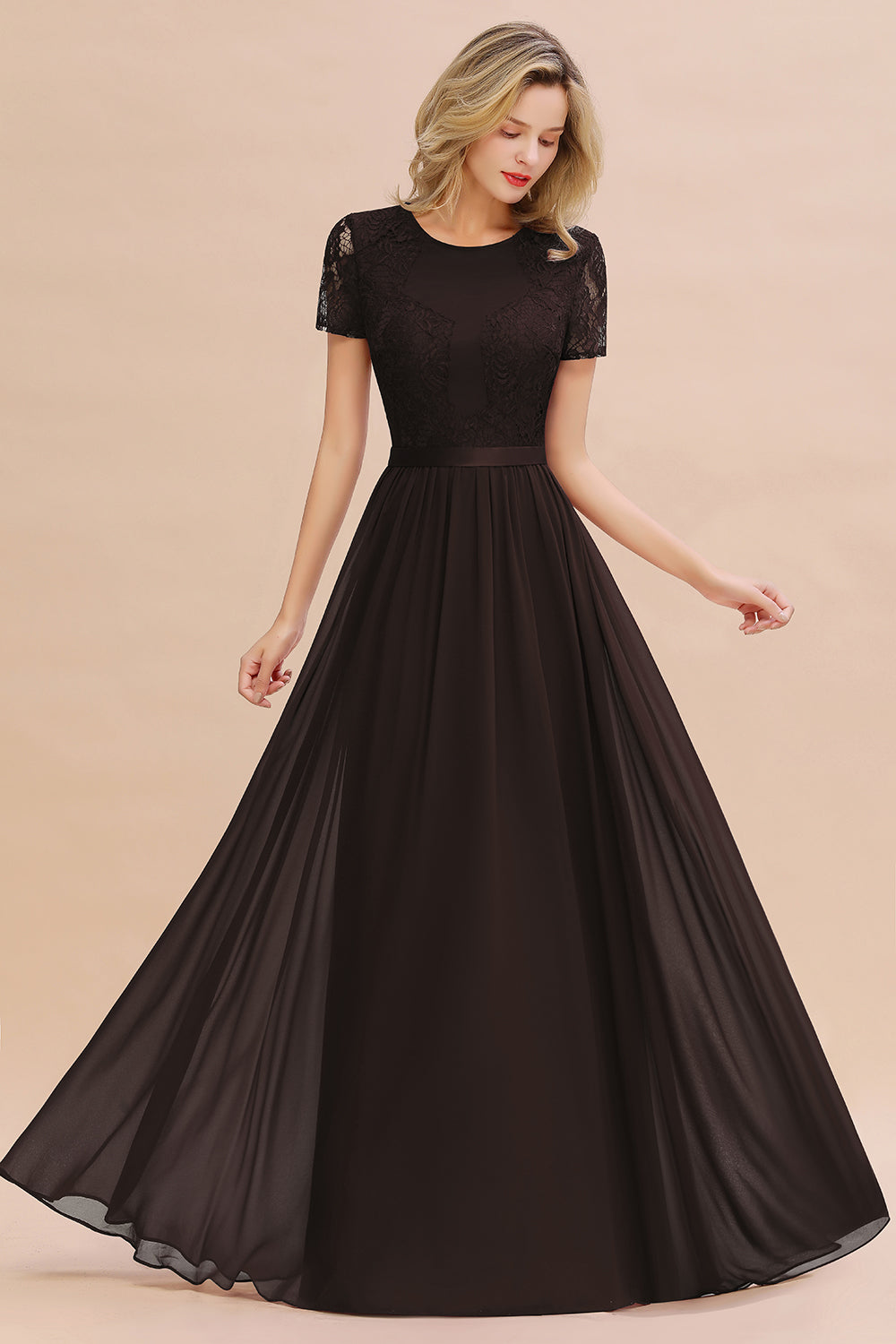 Chiffon Lace Scoop Short Sleeve Bridesmaid Dress