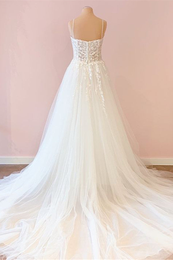 Long A-Line Spaghetti Straps Sweetheart Tulle Appliques Lace Wedding Dress