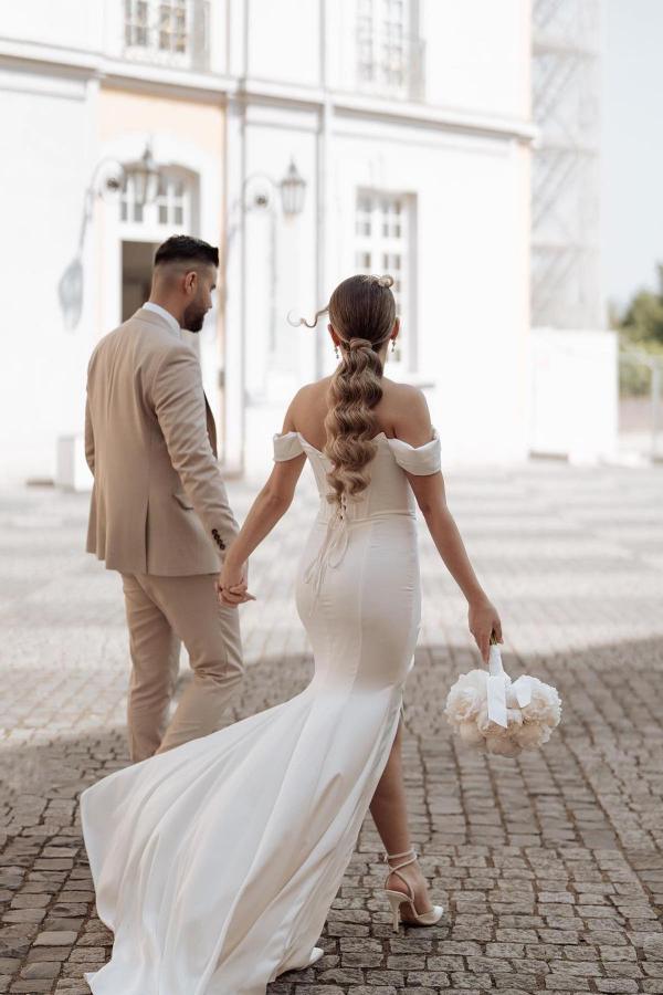 Simple Long Mermaid Off the shoulder Satin Wedding Dress with slit