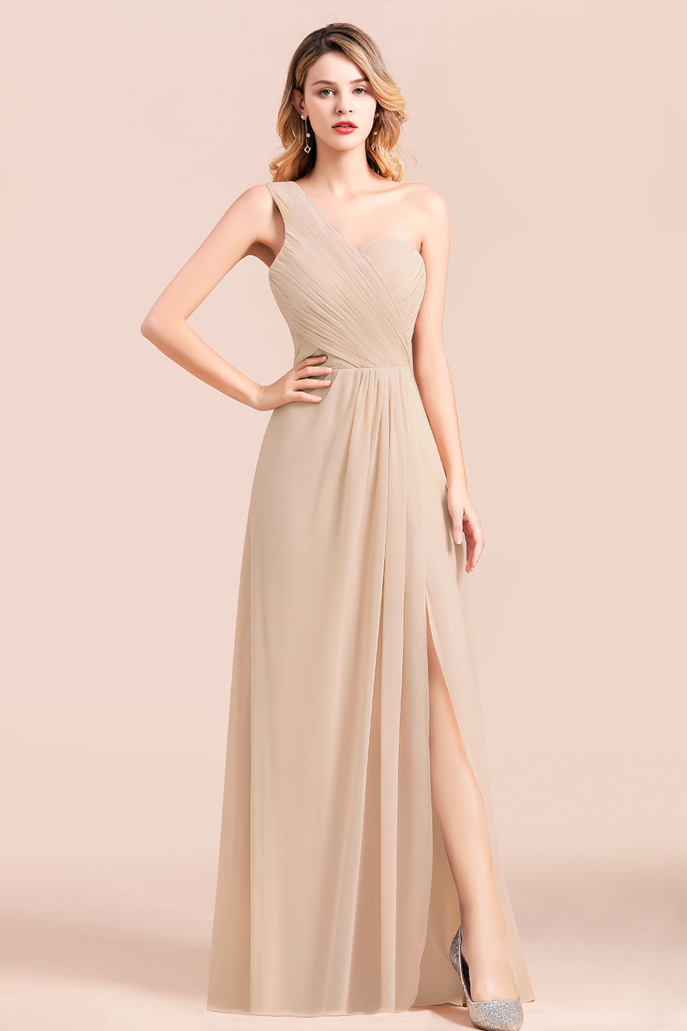 Simple One Shoulder Wedding Guest Dress A-Line Chiffon Bridesmaid Dress With Side Slit
