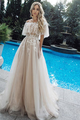 Long Tulle Appliques Off the Shoulder A-line Wedding Dress