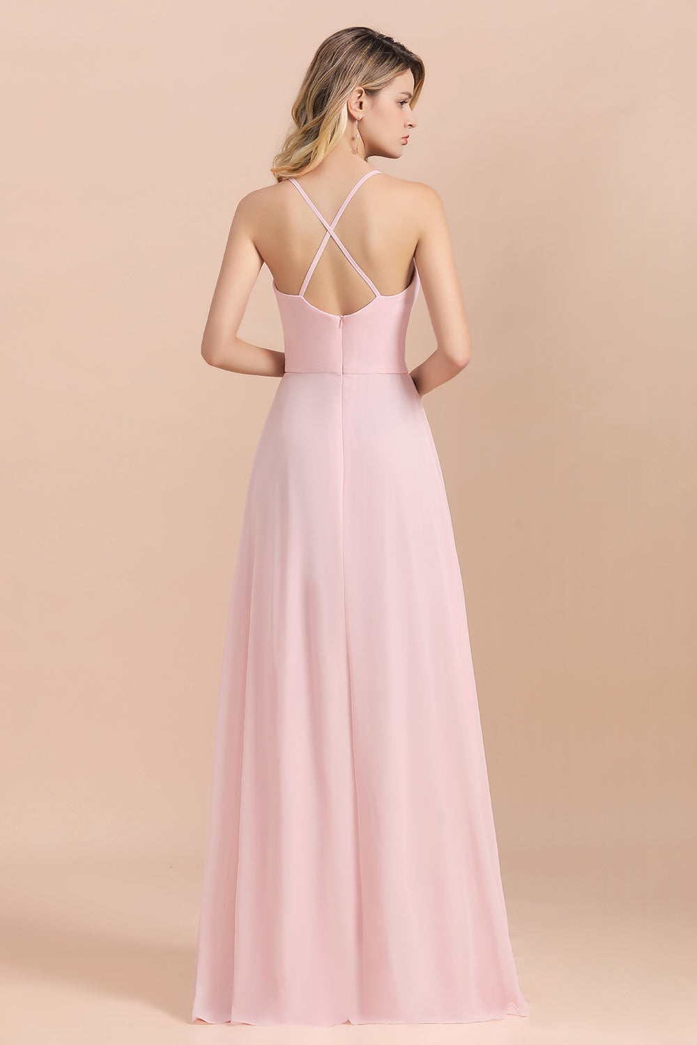 Elegant Spaghetti Straps Scoop Neck A-Line Chiffon Floor Length Bridesmaid Dress