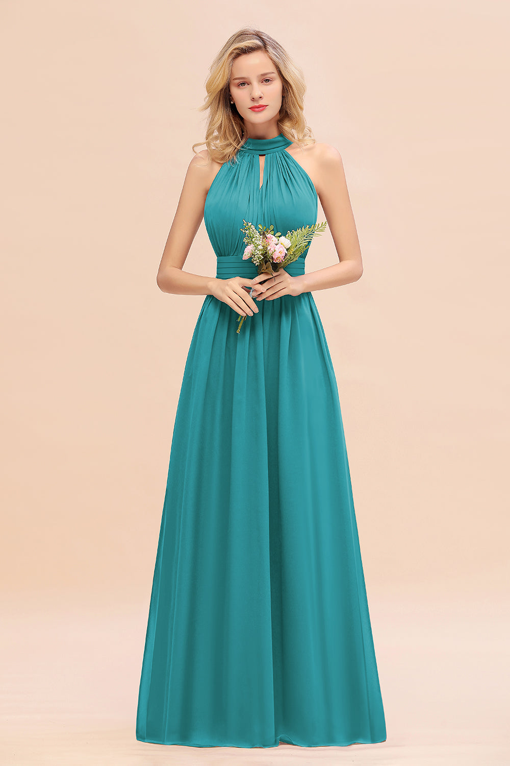 Dusty Sage Long High Neck Chiffon Bridesmaid Dresses with Ruffle