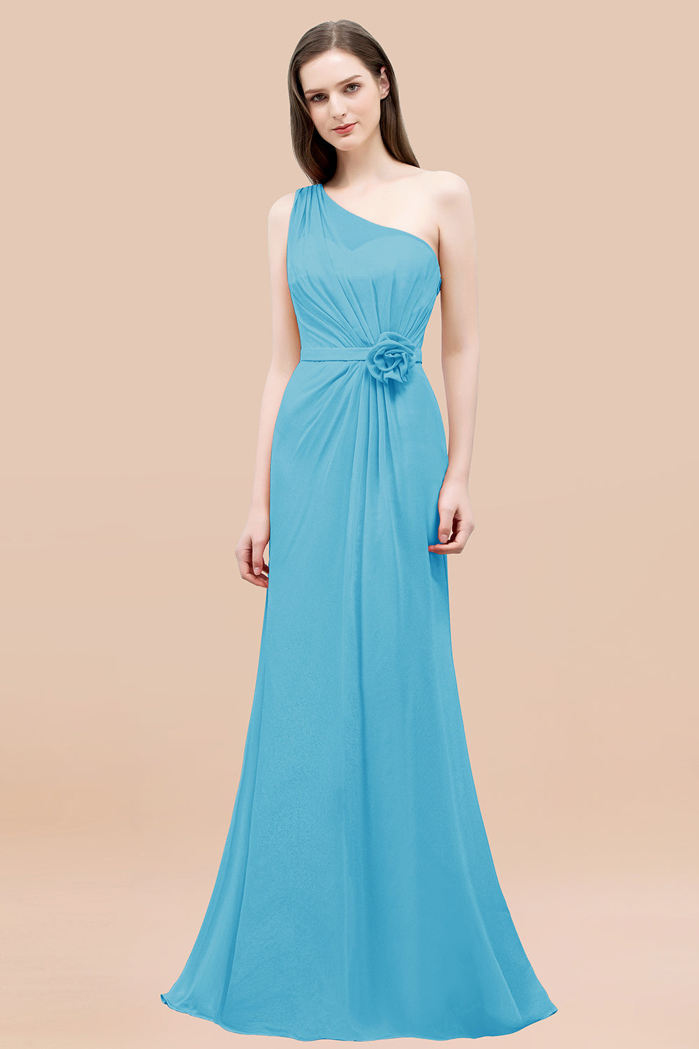 Mermaid Chiffon One Shoulder Sleeveless Ruffled Floor Length Bridesmaid Dresses with Flower
