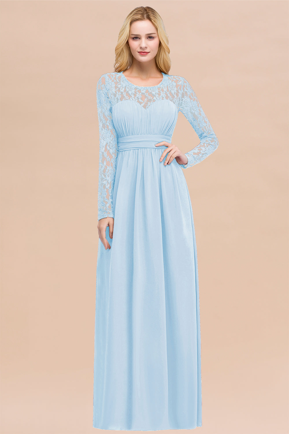Elegant A-Line Chiffon Jewel Long Sleeves Ruffles Floor Length Bridesmaid Dresses
